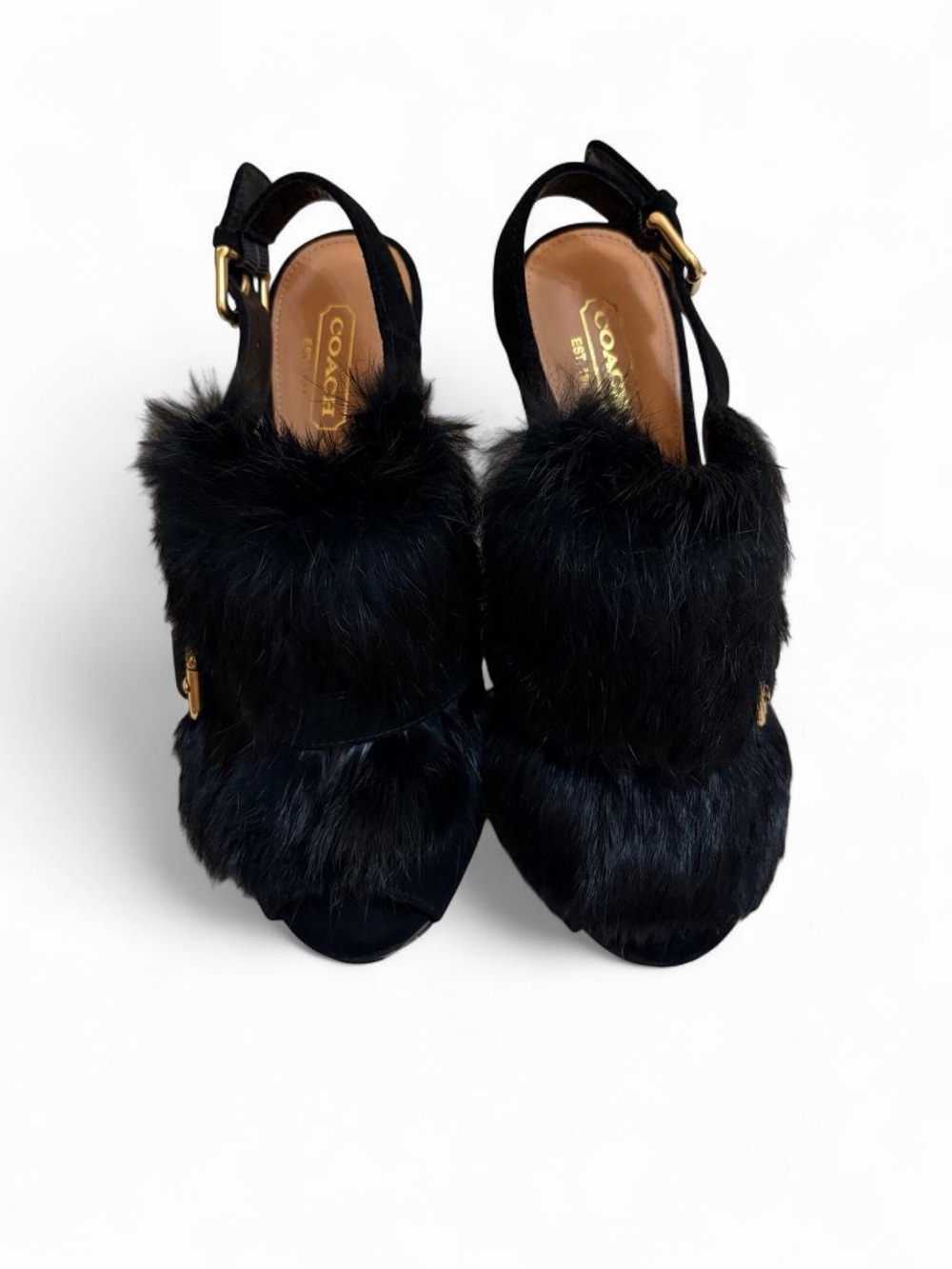 Coach Black Fur Heels with Gold Buckle
